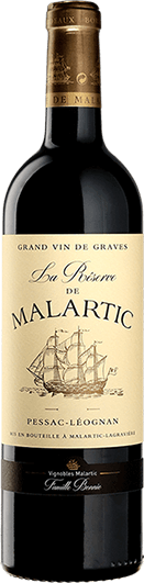 Bottle of La Reserve de Malartic wine with ship illustration on label