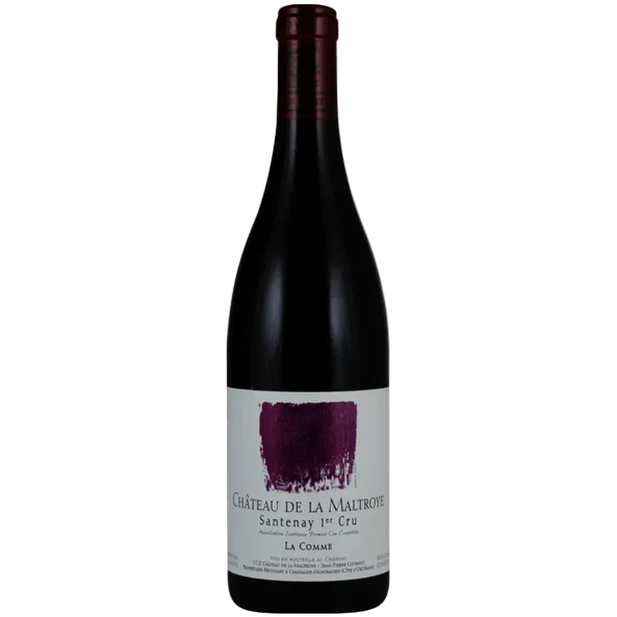 A bottle of Château de la Maltrôte Santenay 1er Cru La Comte red wine, featuring a dark glass bottle with a white label and a purple paint-stroke graphic, set against a plain white background.
