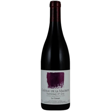 A bottle of Château de la Maltrôte Santenay 1er Cru La Comte red wine, featuring a dark glass bottle with a white label and a purple paint-stroke graphic, set against a plain white background.