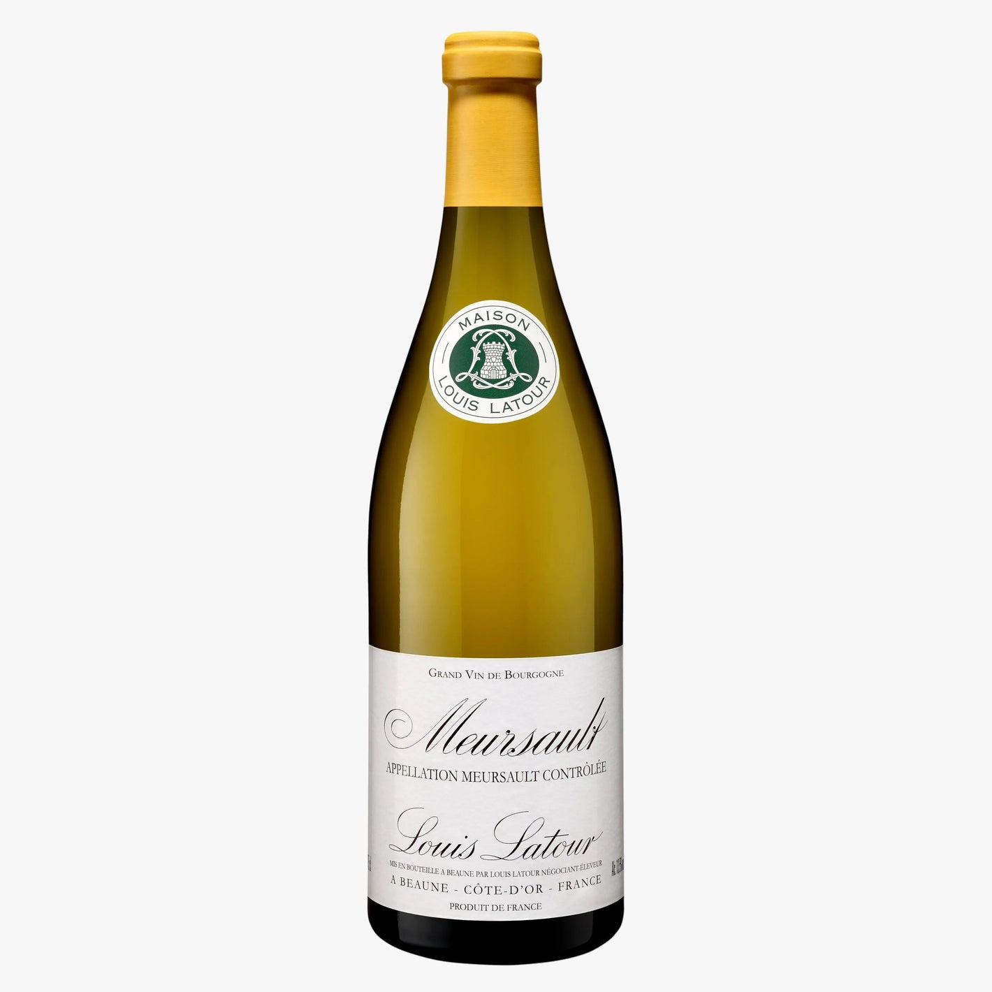 Bottle of Louis Latour Meursault wine on a white backgroun