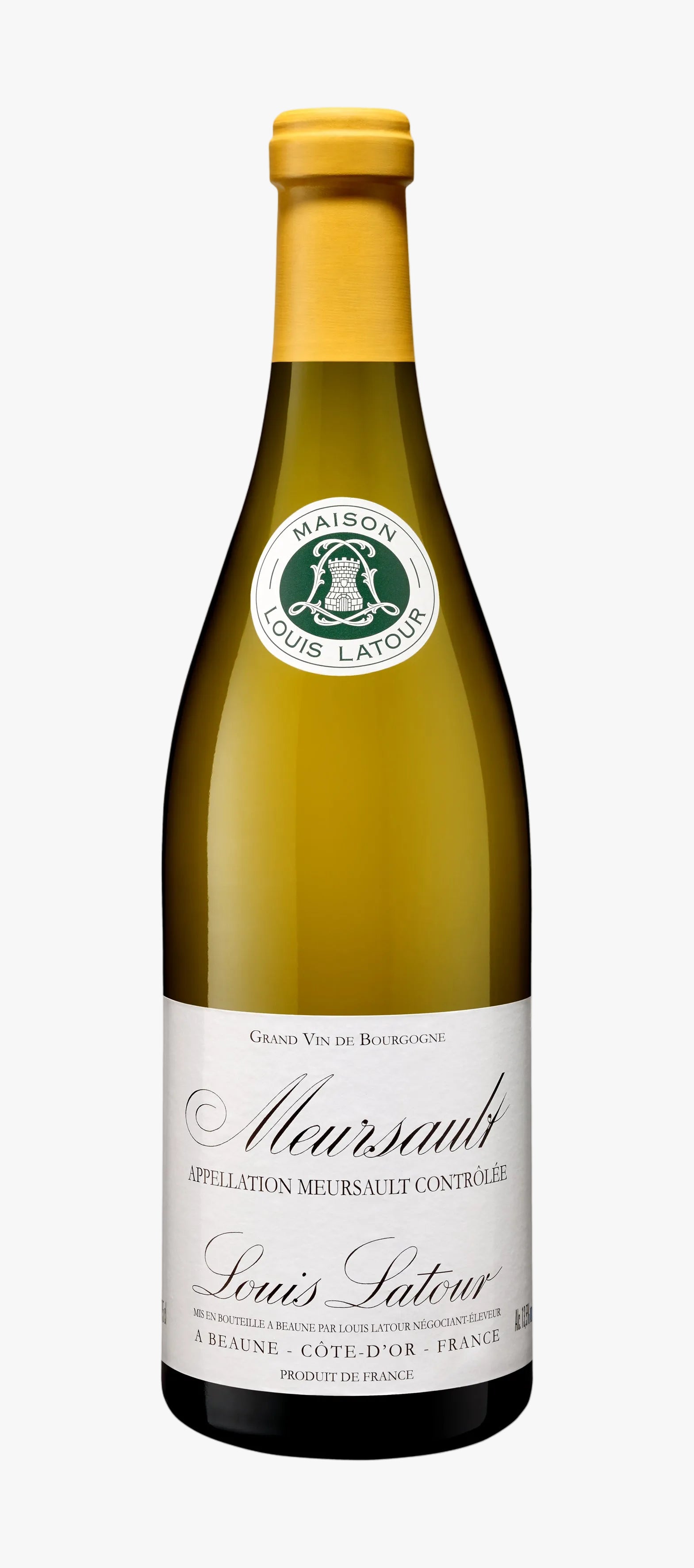 Bottle of Louis Latour Meursault wine on a white backgroun