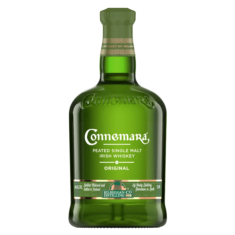 A bottle of Connemara Original Peated Single Malt Irish Whiskey, featuring a dark green glass bottle with a matching green cap and a white and green label, set against a plain white background.