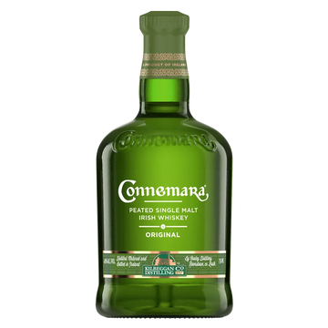 A bottle of Connemara Original Peated Single Malt Irish Whiskey, featuring a dark green glass bottle with a matching green cap and a white and green label, set against a plain white background.
