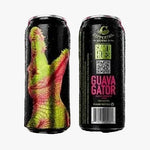 Two black beverage cans on a glossy wet surface with water splashes behind them. The left can shows a bright green and pink gator graphic, and the right can is black with pink text reading 'GUAVA GATOR.
