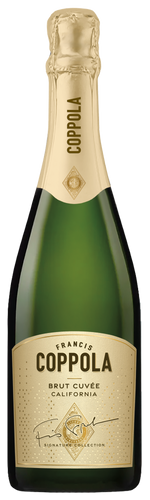 A bottle of Coppola Brut Cuvée California sparkling wine, featuring a dark green glass bottle, a gold foil neck, and a beige label with black text.