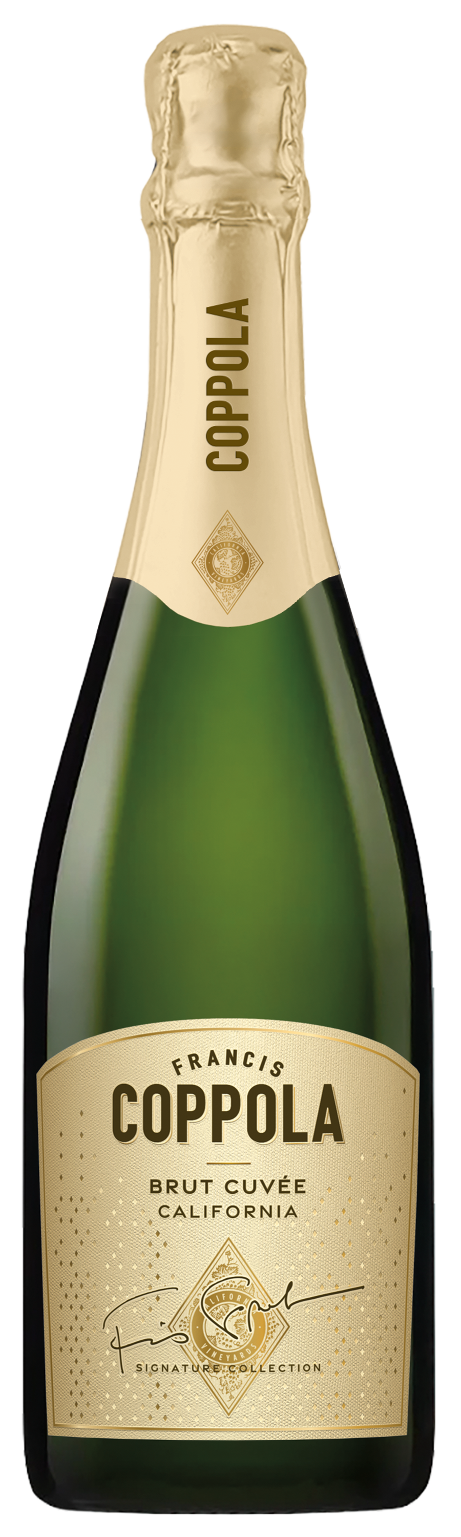 A bottle of Coppola Brut Cuvée California sparkling wine, featuring a dark green glass bottle, a gold foil neck, and a beige label with black text.