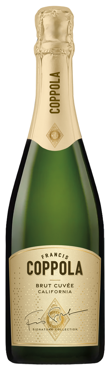 A bottle of Coppola Brut Cuvée California sparkling wine, featuring a dark green glass bottle, a gold foil neck, and a beige label with black text.