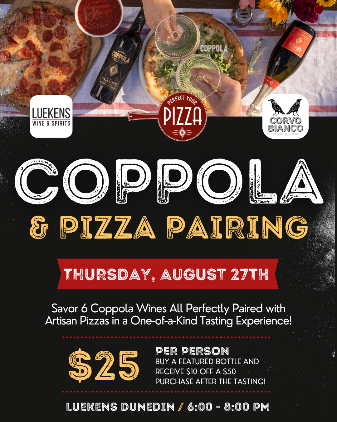 Coppola Wine & Pizza Pairing Class at Luekens Dunedin Bar – August 27th