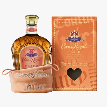 Crown Royal Peach by Juicy Couture liquor bottle displayed next to its orange packaging box and a peach drawstring pouch on a white background.