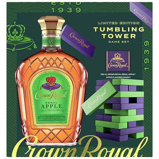 Crown Royal Tumbling Tower Game Set packaging featuring a large bottle of Crown Royal Regal Apple whiskey, a green and purple jenga block tower, and gold and white text on a dark green patterned background.