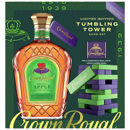 Crown Royal Tumbling Tower Game Set packaging featuring a large bottle of Crown Royal Regal Apple whiskey, a green and purple jenga block tower, and gold and white text on a dark green patterned background.