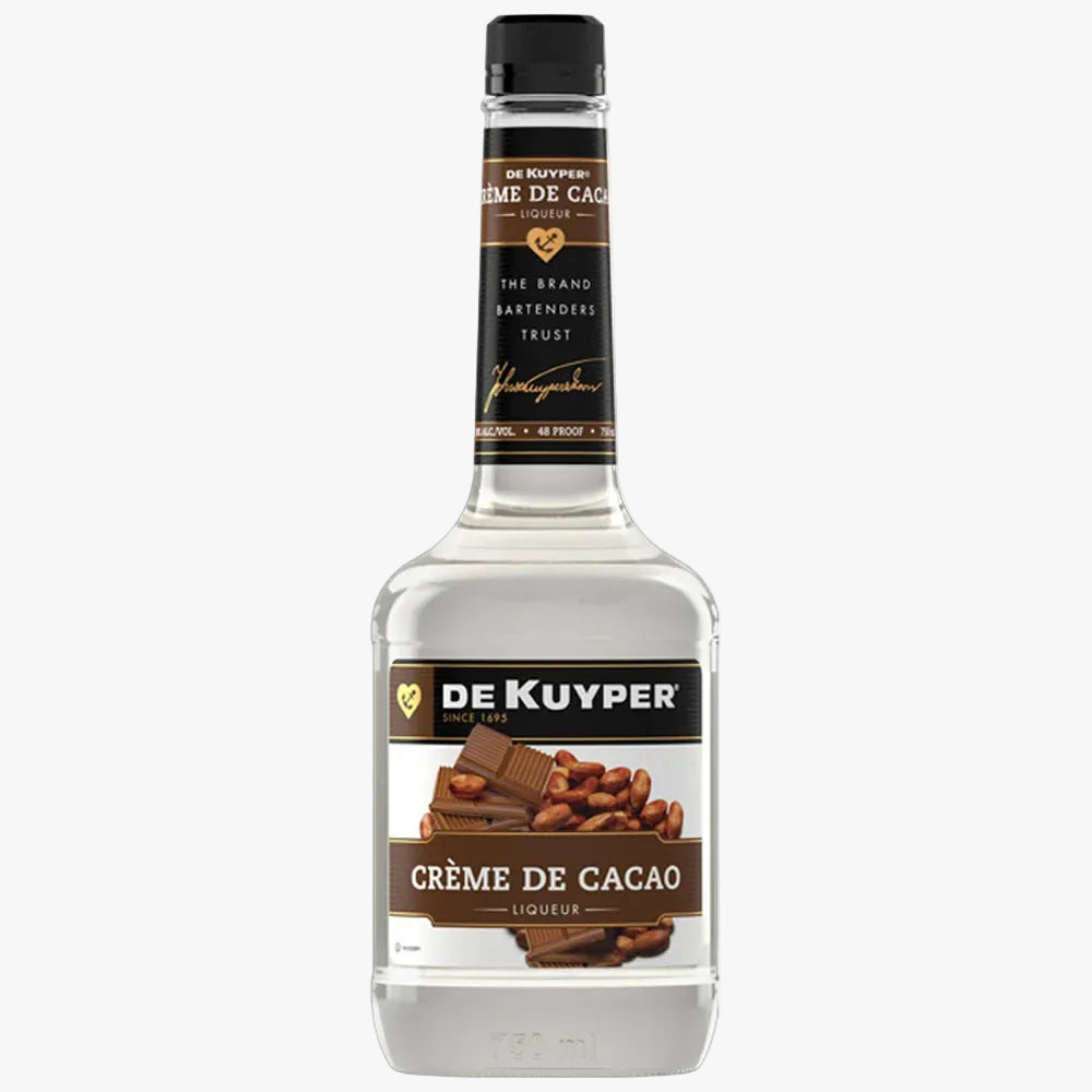 A bottle of De Kuyper Crème de Cacao liqueur, featuring a clear glass bottle with a black and brown label, set against a plain white background.