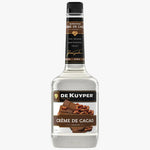 A bottle of De Kuyper Crème de Cacao liqueur, featuring a clear glass bottle with a black and brown label, set against a plain white background.