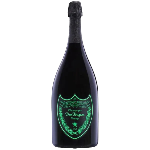 A large black bottle of Dom Pérignon Vintage Champagne with a glowing green shield logo on the front, set against a plain white background.