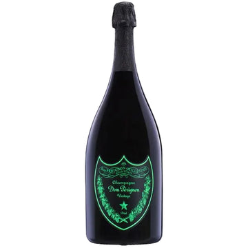 A large black bottle of Dom Pérignon Vintage Champagne with a glowing green shield logo on the front, set against a plain white background.