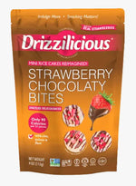 A 4 oz stand-up pouch of Drizzilicious Strawberry Chocolat Bites, featuring a brown and orange design with a red brand logo and images of chocolate-covered mini rice cakes and a strawberry.