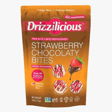 A 4 oz stand-up pouch of Drizzilicious Strawberry Chocolat Bites, featuring a brown and orange design with a red brand logo and images of chocolate-covered mini rice cakes and a strawberry.