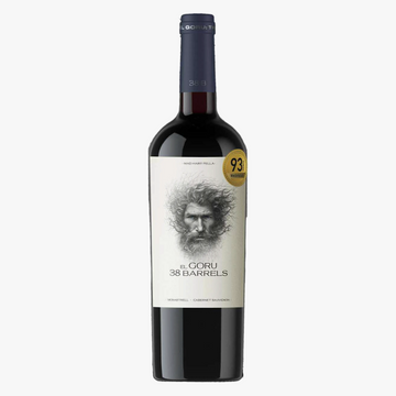 Red wine bottle with a label featuring a portrait and rating on a white background