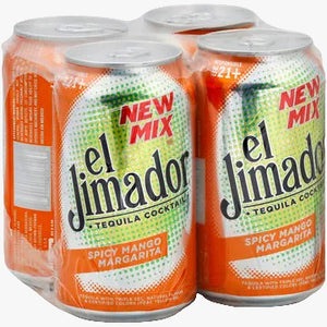 Four cans of El Jimador Spicy Mango Margarita tequila cocktail on a white background