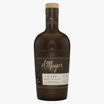 A bottle of el Mayor Tequila Café Reposado on a solid white background. The bottle is dark brown glass with a dark brown label featuring gold and white text, and a light wood-toned cap.
