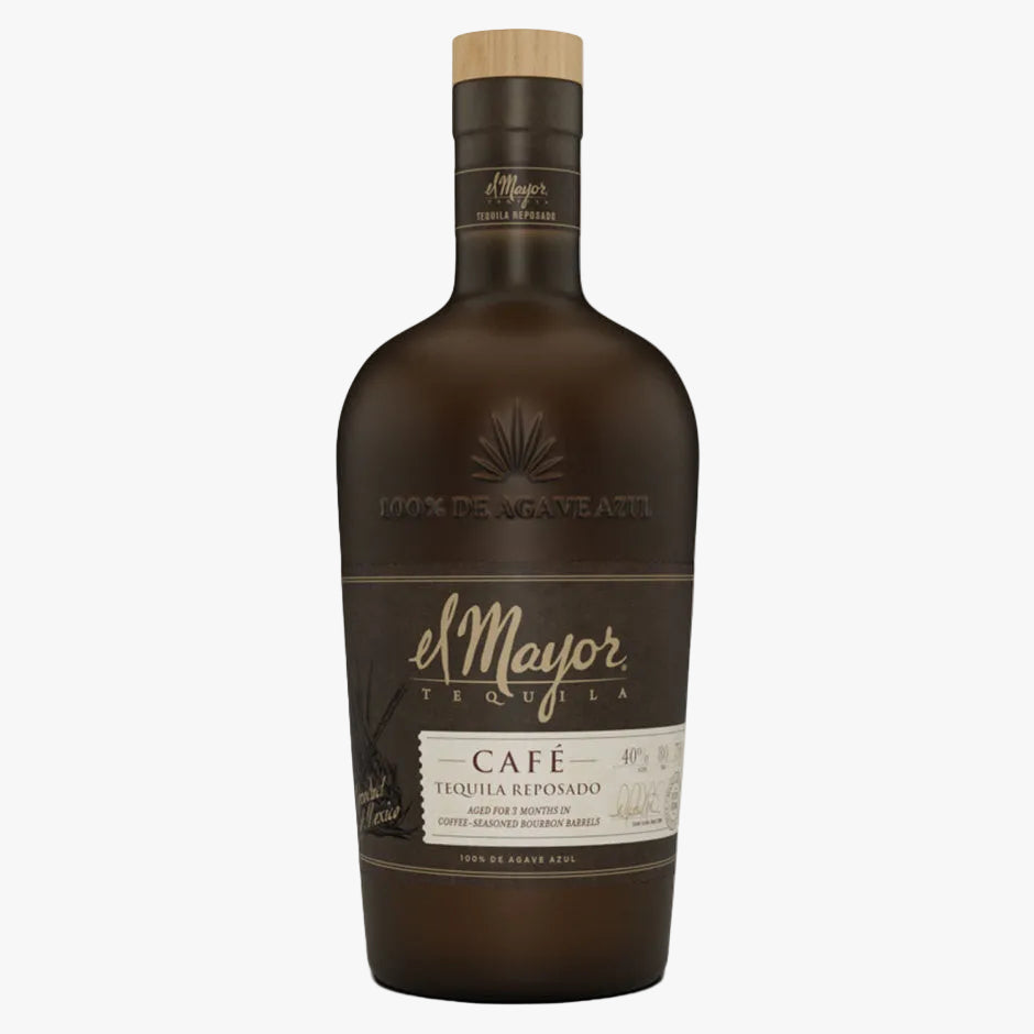 A bottle of el Mayor Tequila Café Reposado on a solid white background. The bottle is dark brown glass with a dark brown label featuring gold and white text, and a light wood-toned cap.