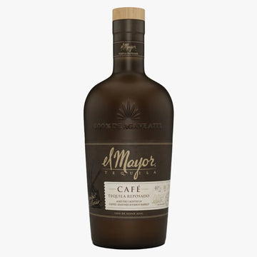 A bottle of el Mayor Tequila Café Reposado on a solid white background. The bottle is dark brown glass with a dark brown label featuring gold and white text, and a light wood-toned cap.