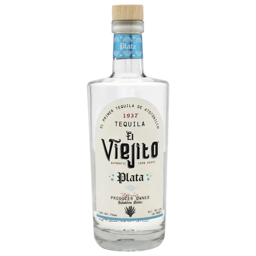 A bottle of El Viejo Plata tequila on a plain white background. The clear glass bottle features a white label with black and blue text, a light wood-toned cap, and a blue neck label.
