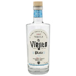 A bottle of El Viejo Plata tequila on a plain white background. The clear glass bottle features a white label with black and blue text, a light wood-toned cap, and a blue neck label.
