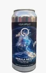 A silver aluminum can of Equilibrium Nebula Nexus Double India Pale Ale standing outdoors in front of a fire pit with blue stones and visible flames.