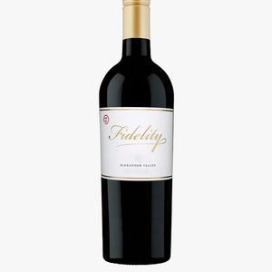Wine bottle labeled 'Fidelity' on a white background