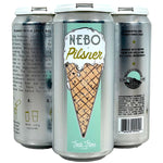 Three aluminum craft beer cans for Nebo Pilsner shown on a white background, displaying the front label with an ice cream cone illustration, the back with brewing text, and the side with product details.