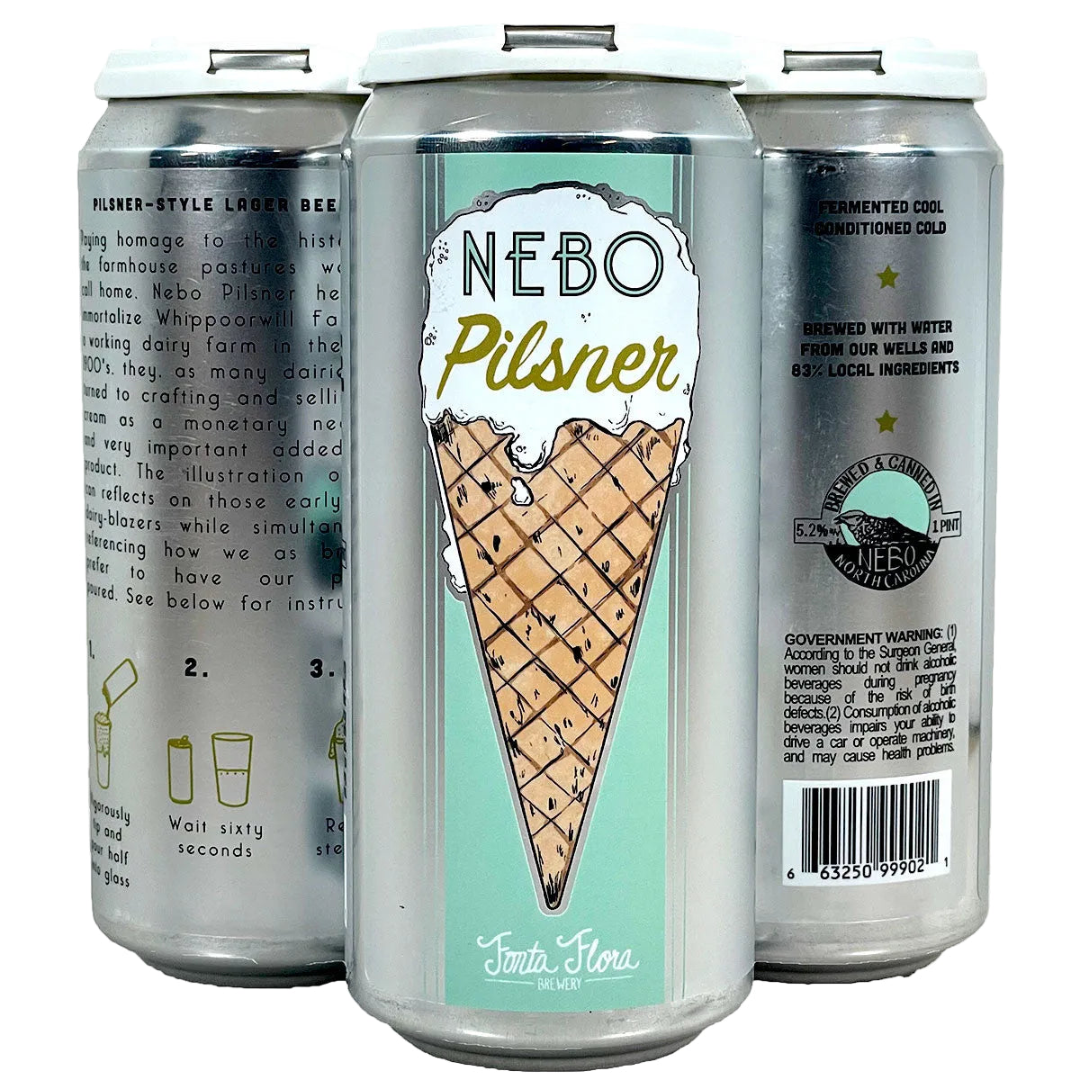 Three aluminum craft beer cans for Nebo Pilsner shown on a white background, displaying the front label with an ice cream cone illustration, the back with brewing text, and the side with product details.