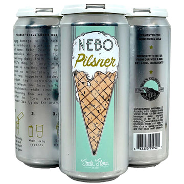 Three aluminum craft beer cans for Nebo Pilsner shown on a white background, displaying the front label with an ice cream cone illustration, the back with brewing text, and the side with product details.