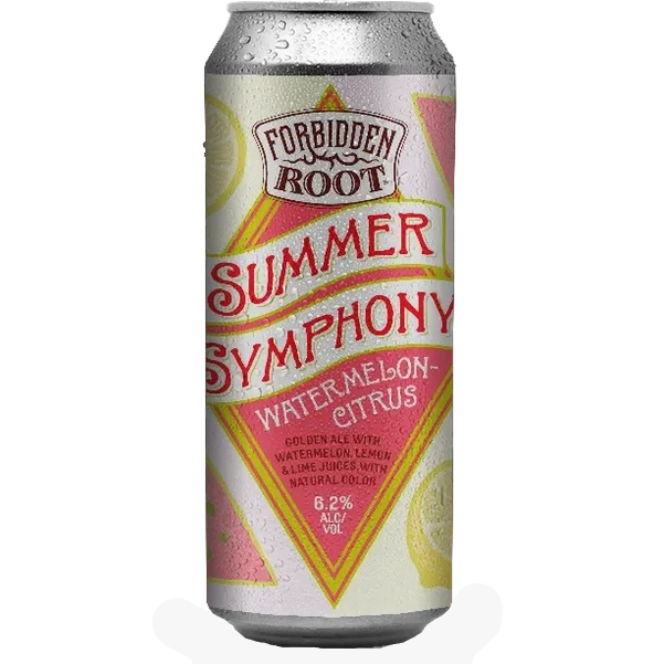 A single aluminum can of Forbidden Root Summer Symphony Watermelon-Citrus beer on a white background with a soft shadow.