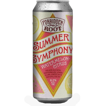 A single aluminum can of Forbidden Root Summer Symphony Watermelon-Citrus beer on a white background with a soft shadow.