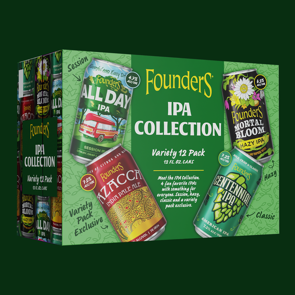 A boxed variety pack of Founders IPA collection beers shown on a dark green background. The front of the box features large green panels with the text 'Founders IPA Collection' and images of several beer cans, including Session, All Day IPA, Zucchi, Morral Bloom, and Centennial.