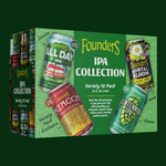 A boxed variety pack of Founders IPA collection beers shown on a dark green background. The front of the box features large green panels with the text 'Founders IPA Collection' and images of several beer cans, including Session, All Day IPA, Zucchi, Morral Bloom, and Centennial.