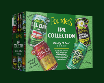 A boxed variety pack of Founders IPA collection beers shown on a dark green background. The front of the box features large green panels with the text 'Founders IPA Collection' and images of several beer cans, including Session, All Day IPA, Zucchi, Morral Bloom, and Centennial.