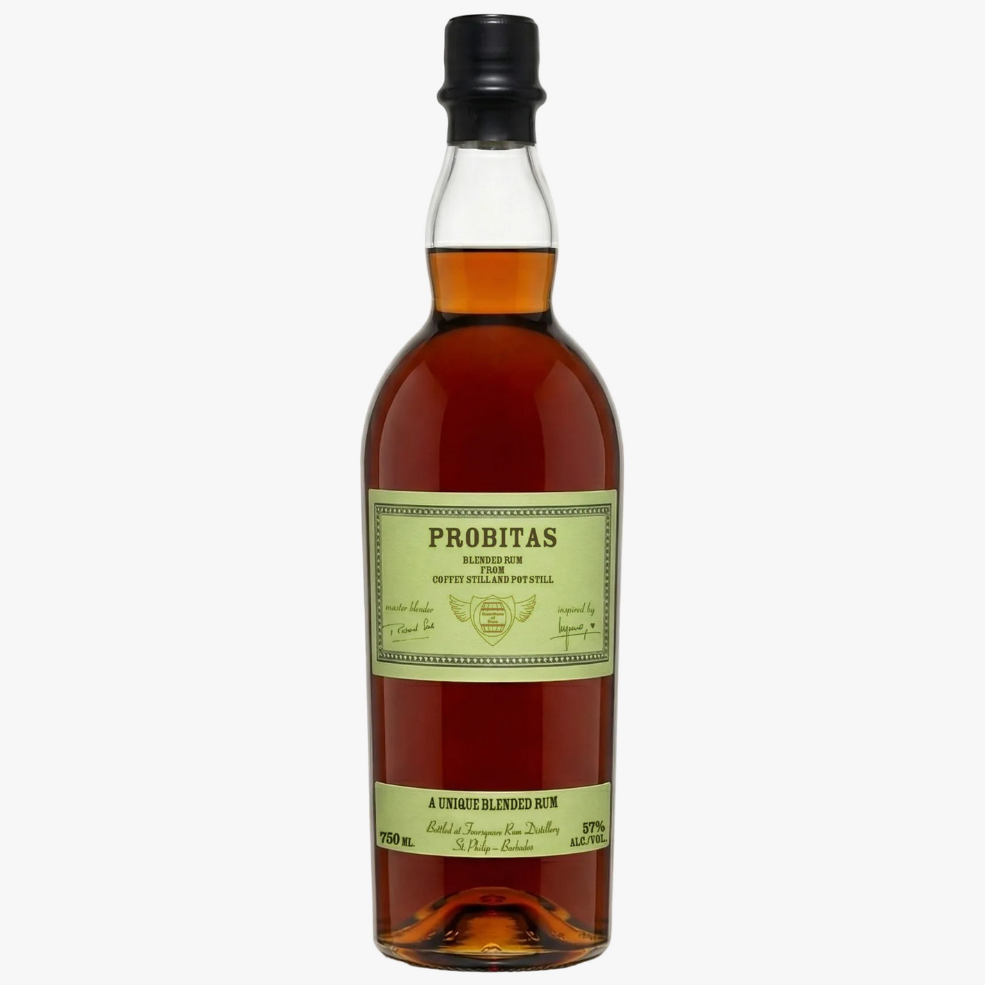 A bottle of Probitas Blended Rum Goyto Still Life Portstill, 750ml, featuring amber liquid in a clear glass bottle with a black cap and a light green label.