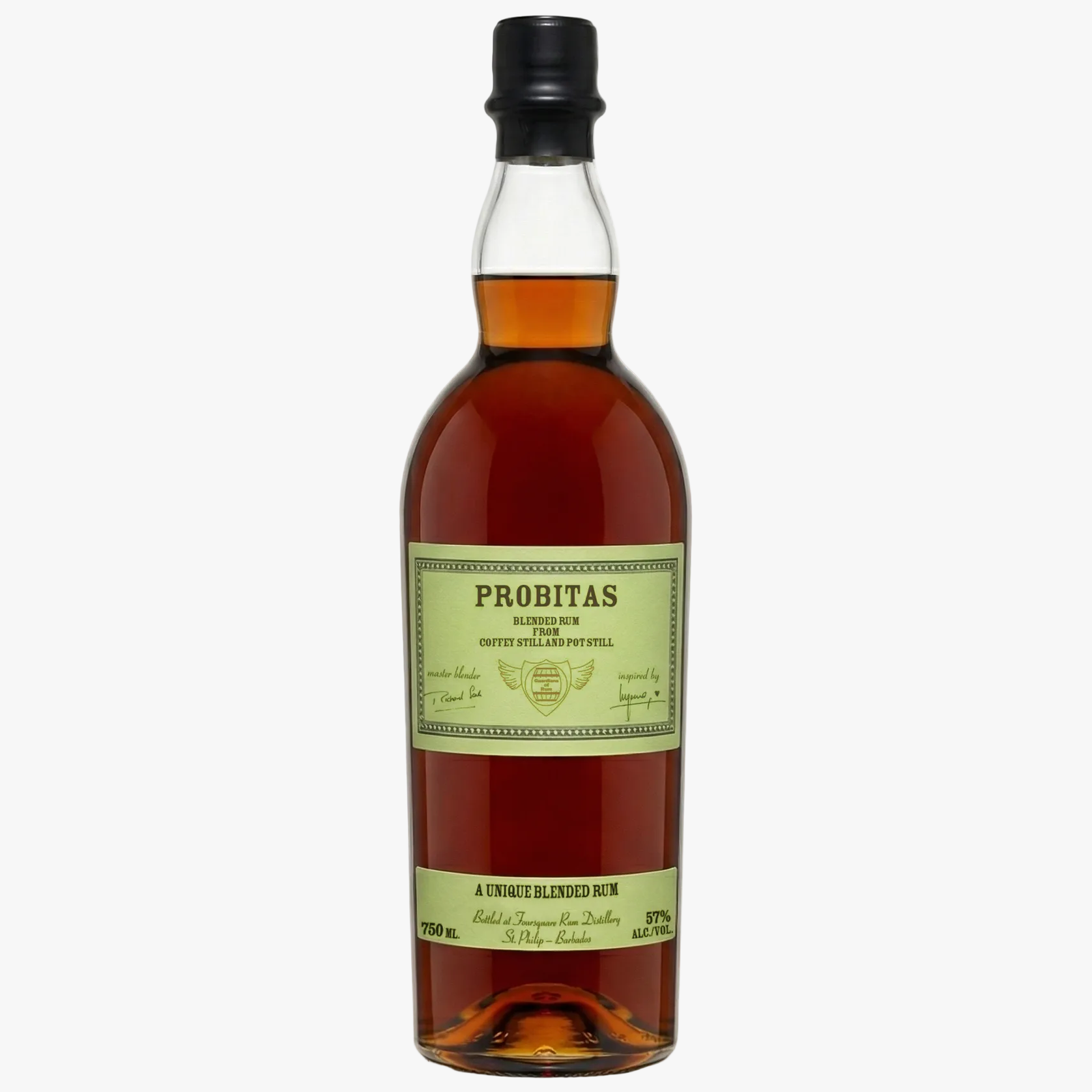 A bottle of Probitas Blended Rum Goyto Still Life Portstill, 750ml, featuring amber liquid in a clear glass bottle with a black cap and a light green label.