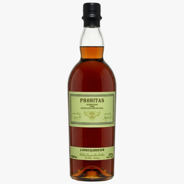 A bottle of Probitas Blended Rum Goyto Still Life Portstill, 750ml, featuring amber liquid in a clear glass bottle with a black cap and a light green label.