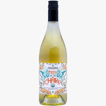 A bottle of Pizzy Chard organic white wine, featuring a black screw cap and a colorful decorative label, shown against a plain white background.
