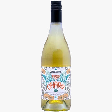 A bottle of Pizzy Chard organic white wine, featuring a black screw cap and a colorful decorative label, shown against a plain white background.