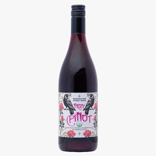 A bottle of Frezy Pinot Noir red wine with a black cap and a white label decorated with blackbirds, pink text, and red roses, shown on a white background.