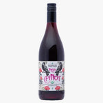 A bottle of Frezy Pinot Noir red wine with a black cap and a white label decorated with blackbirds, pink text, and red roses, shown on a white background.
