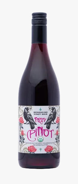 A bottle of Frezy Pinot Noir red wine with a black cap and a white label decorated with blackbirds, pink text, and red roses, shown on a white background.