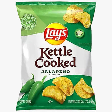Lay's Kettle Cooked Jalapeño flavored potato chips packaging on a white background