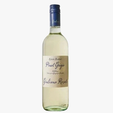 A bottle of Giuliano Rosati Pinot Grigio white wine with a beige label and a dark blue foil cap, shown against a plain white background.