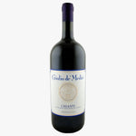 A bottle of Giulio de' Medici Chianti red wine, featuring a dark glass bottle with a white and blue label and a dark purple capsule, isolated on a white background.