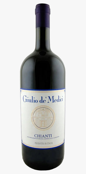A bottle of Giulio de' Medici Chianti red wine, featuring a dark glass bottle with a white and blue label and a dark purple capsule, isolated on a white background.